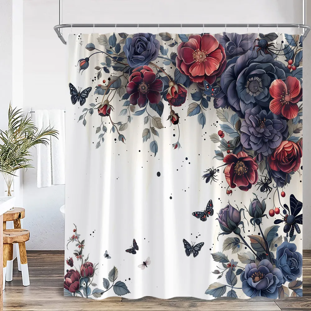 Butterfly Floral Shower Curtain Boho Flower Poppy Purple Blossom 3D Flowers Elegant Modern Bathroom Decor Polyester Bath Curtain