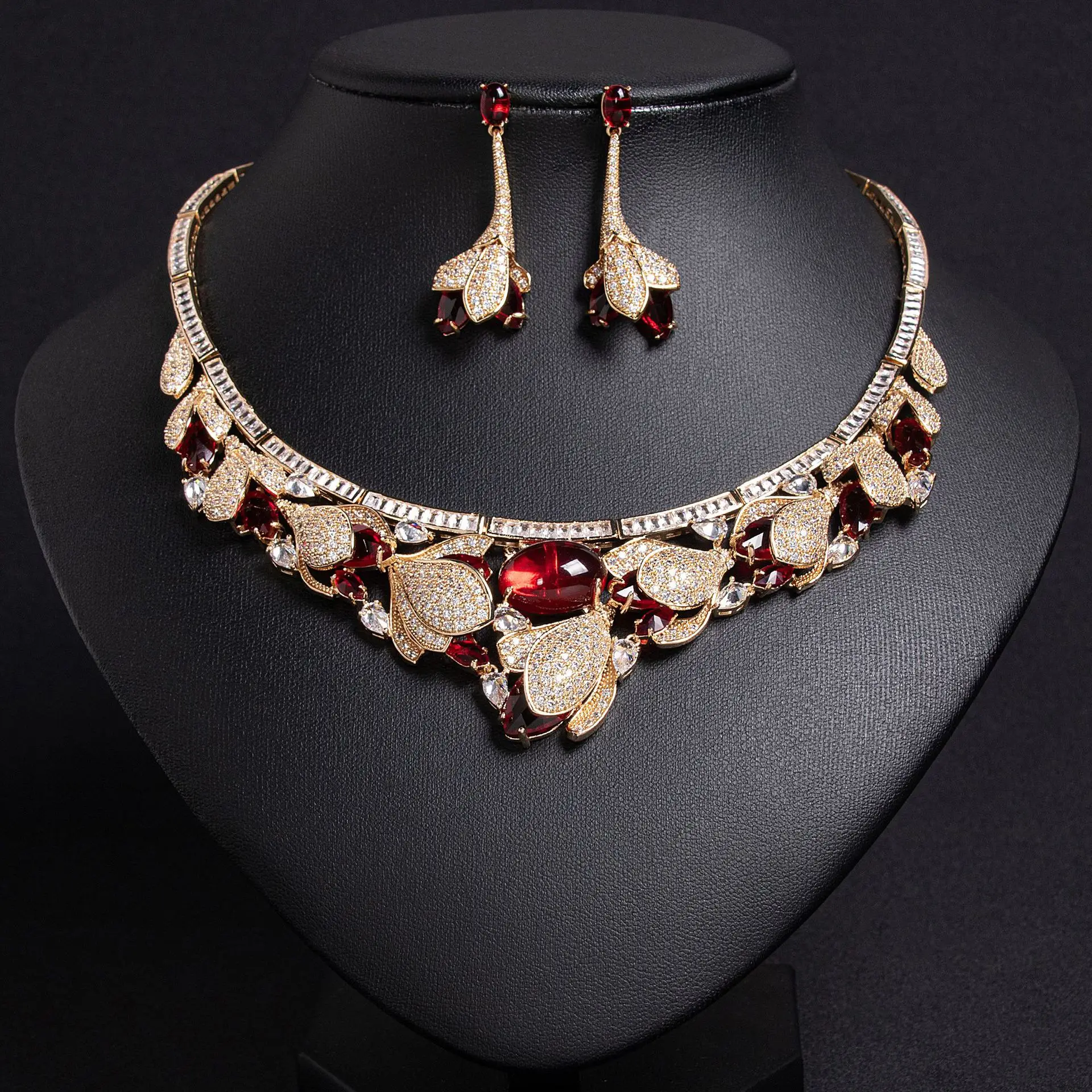 Luxury stamen leaf jewellery confident ladies zirconia necklace earrings set party wedding graduation dress accessories M-344