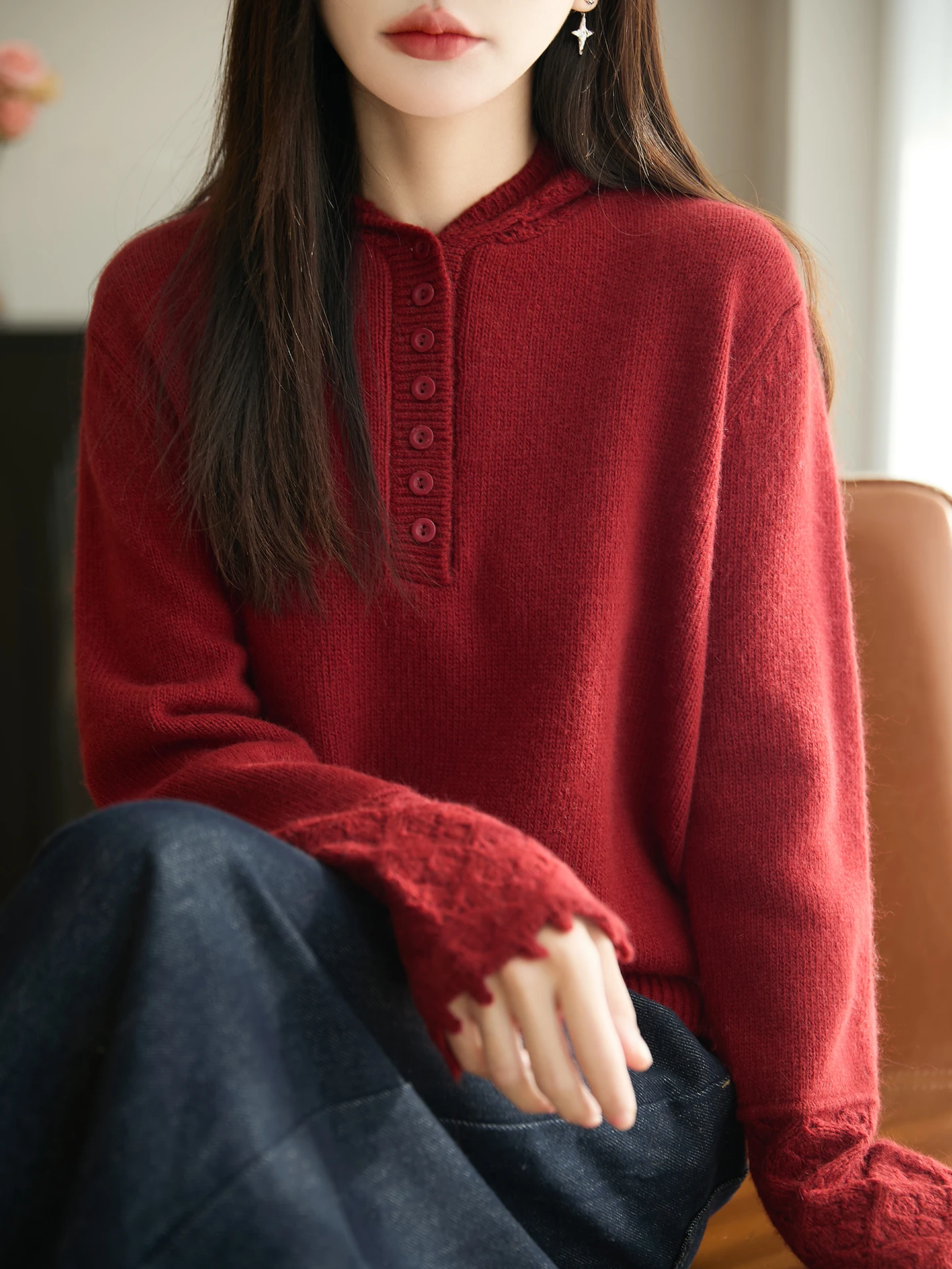 

Thiened Warm Woolen Knitted Hat Women's Sweater f Open Collar Soft Casual Sle Long Sve Regular Length Pure Color