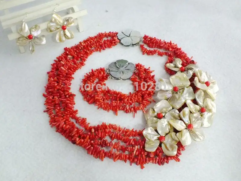 NO-230#  Fashion Coral Beads Necklace Coral Jewelry Set With Shell Flowers