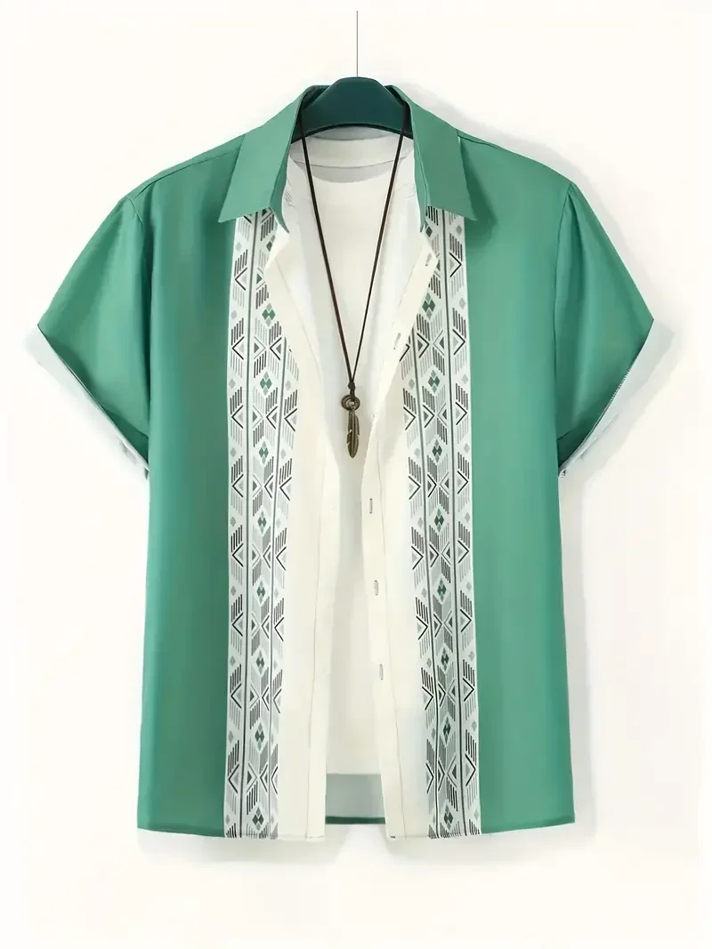 เสื้อเชิ้ตแขนสั้นผู้ชายสไตล์เรโทรเรียบง่าย น้ำหนักเบา ระบายอากาศดี ปกเสื้อเชิ้ตสีอ่อน ดีไซน์หรูหรา พิมพ์ลายไม้ไผ่ 3 มิติ เสื้อฮาวาย