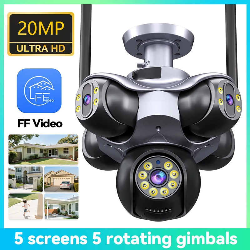 20MP WIFI Security Camera 5 Lens PTZ 5 Screens Surveillance Cam Panoramic Home and Outdoor High Definition Waterproof Camera