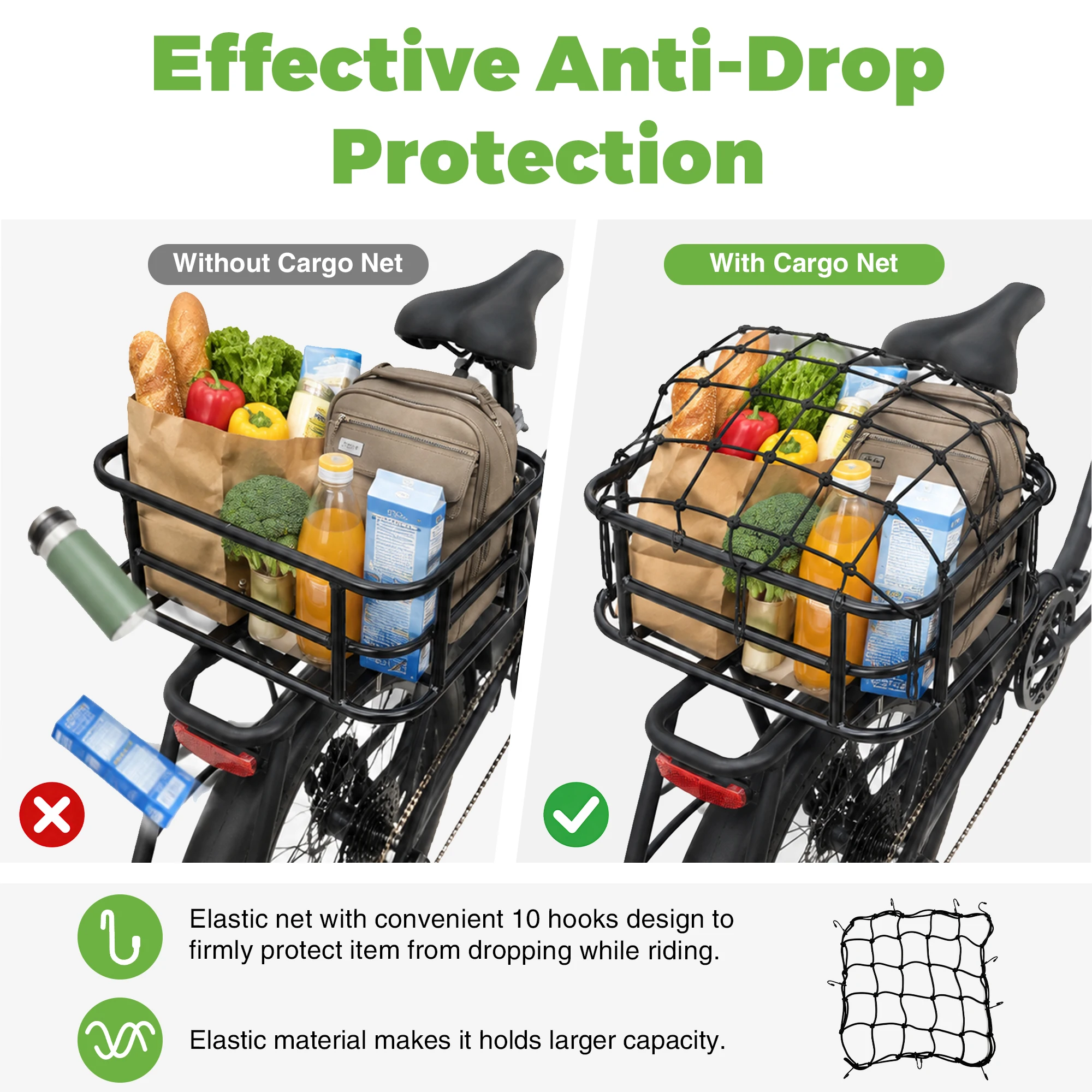 ZUKKA Rear Bike Basket Metal Bicycle Cargo Basket with Liner Bag,Cargo Net,Waterproof Cover for Bikes Rear Rack view 5