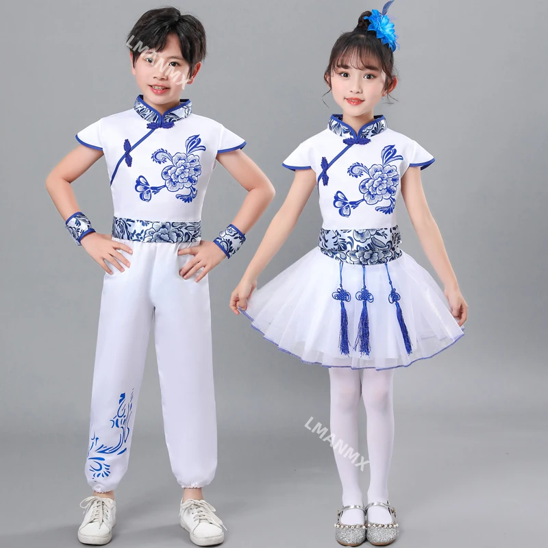 

Children's blue and white porcelain performance costumes, fluffy gauze skirts, dance performance costumes