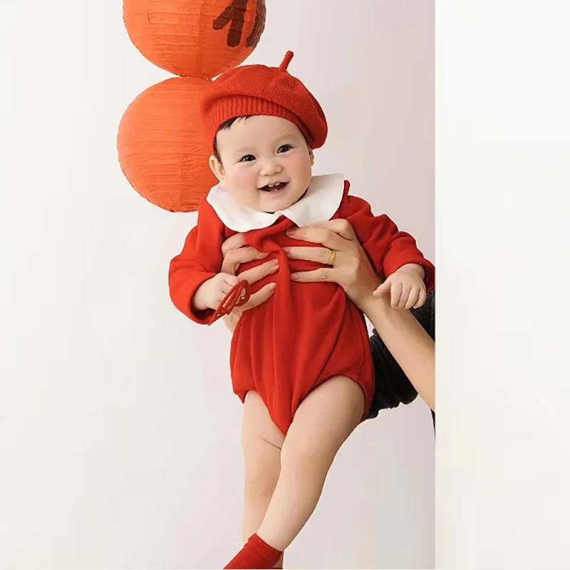 Chinese Style Baby Girl Photography Costume Crocheted Hat + Jumpsuit Set 3-5 Months Baby Bodysuit Studio Photo Shooting Clothing