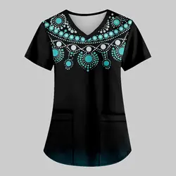 European and American protective clothing women's clothing ethnic style 3D printed V-neck short sleeved shirt with pockets women