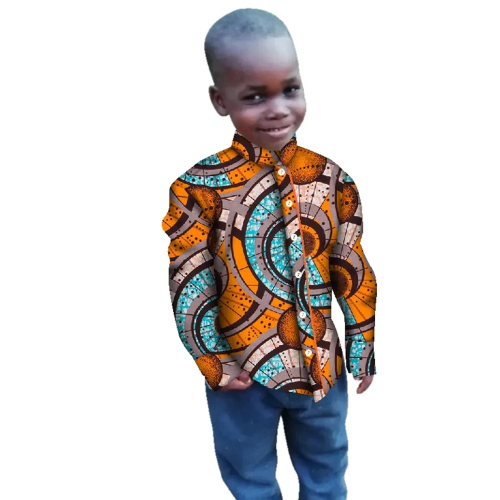 

New Boy's Shirts Tops Bazin Riche African Wax Print Ankara Shirt 100% Cotton Shirt for Boys Children Kids African Clothes WYT269