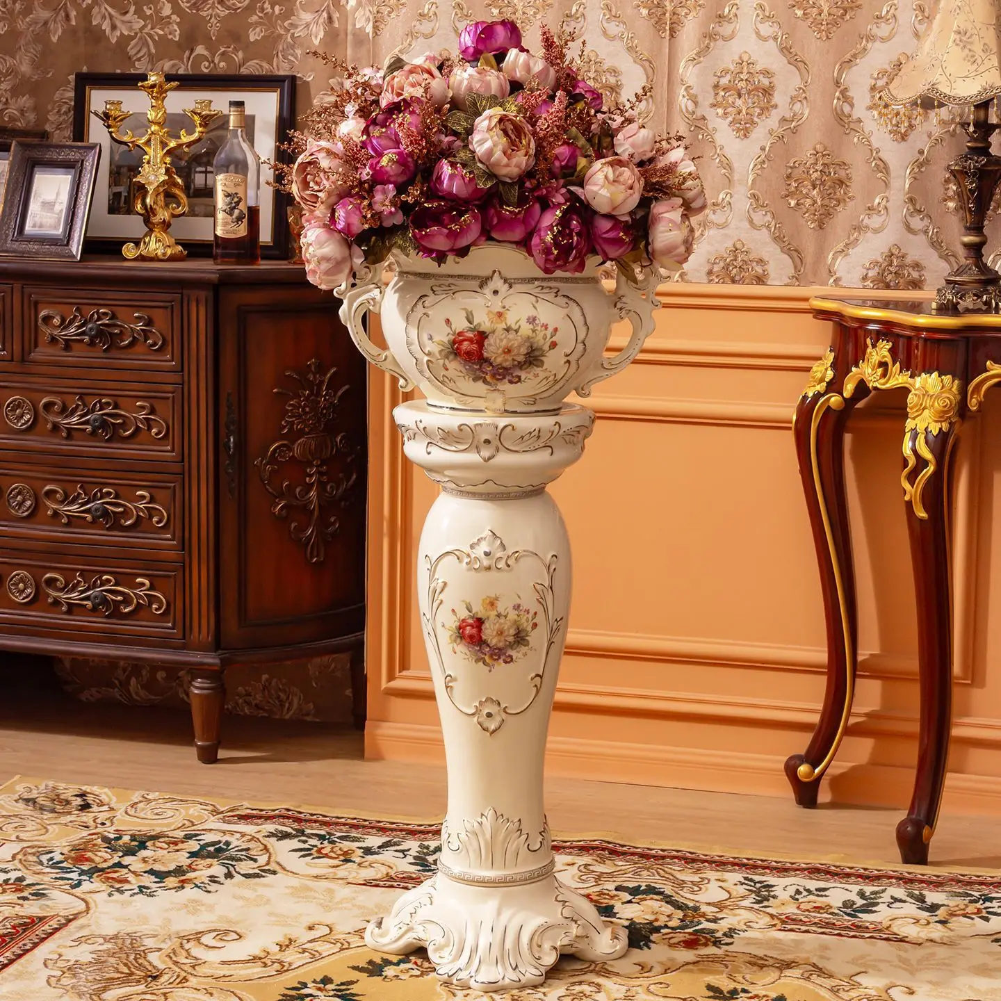 European-style hotel lobby villa living room floor-to-ceiling large vase high-end ceramic Roman column flower pot decorative orn