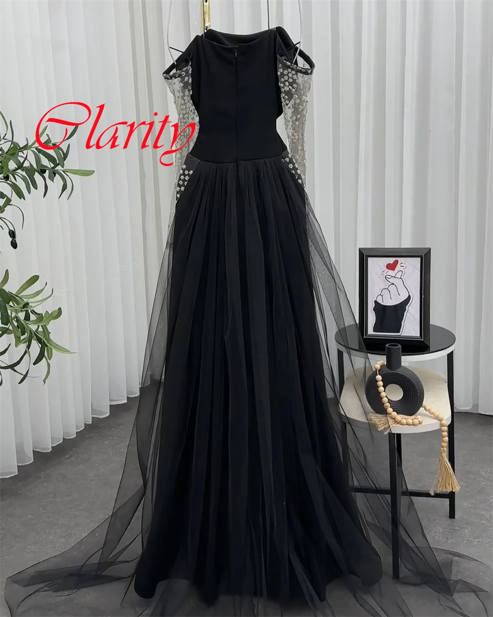 Customized Delicate Black Jersey Evening Dress Exquisite Strapless Off the Shoulder Long Sleeves Zipper Back Homecoming Dress