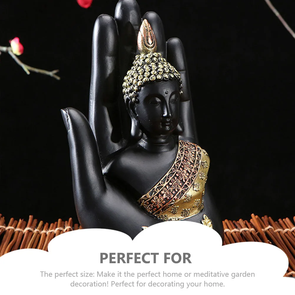 

Palm Buddha Resin Statue Realistic Design Black and Gold Finish Meditation Ornament for Patio Bedroom Desktop Decoration