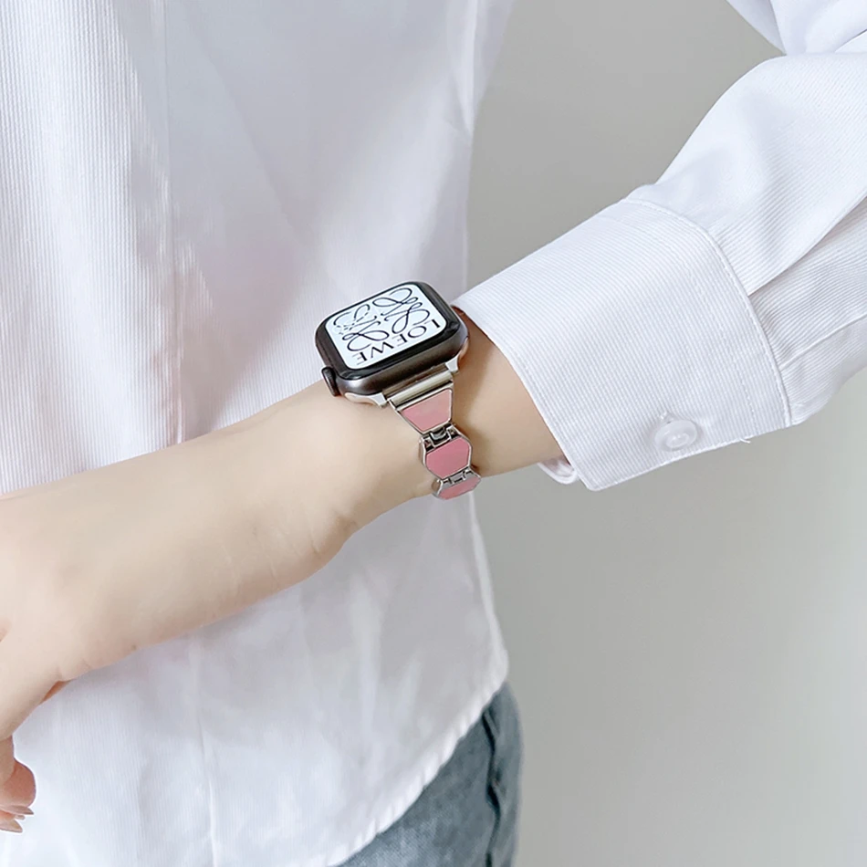 Apple Watch Ultra 49mm iWatch Series 7 8 6 SE 4 5 38/40/41mm 42/44/45mm用の高級シェル六角形メタルストラップ：ウォッチバンドブレスレット