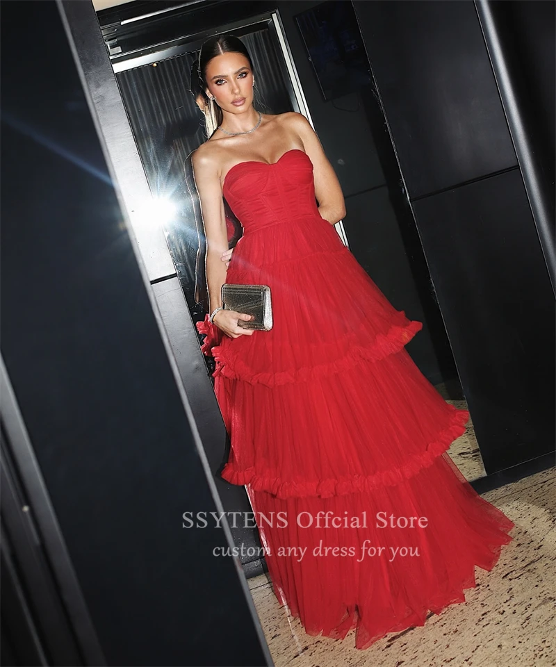 Luxury Red Tiered Tulle Prom Dresses Woman Sweetheart Brithday Party Dresses Graceful Long Wedding Banquet Gowns Bespoke Gala