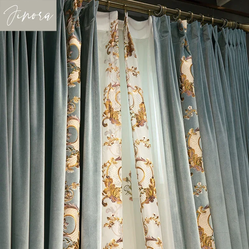 American Haze Blue Embroidered Flannelette Patched Curtains For Living Room Bedroom French Window Balcony Custom Window Screen