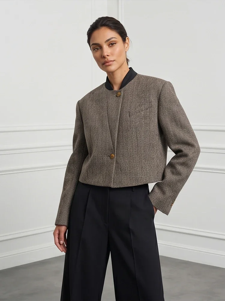 Women's Retro Herringbone Tweed Cropped Jacket Mandarin Collar Button Front Long Sleeve Business Casual Suit Jacket Autumn 2026