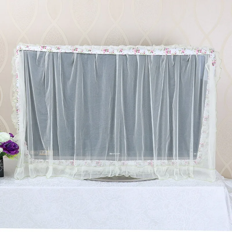 Lace Fabric Door Curtain TV Circle Can Be Flipped Dust Cover Monitor Screen Home Decorations Dust Cover With Elastic