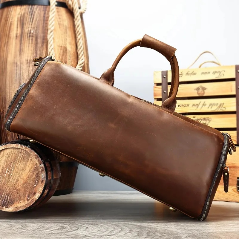 Custom Crazy Horse Leather Travel Bag - Versatile Premium Leather Bag for Travel, Fitness, and Foldable Suit Storage