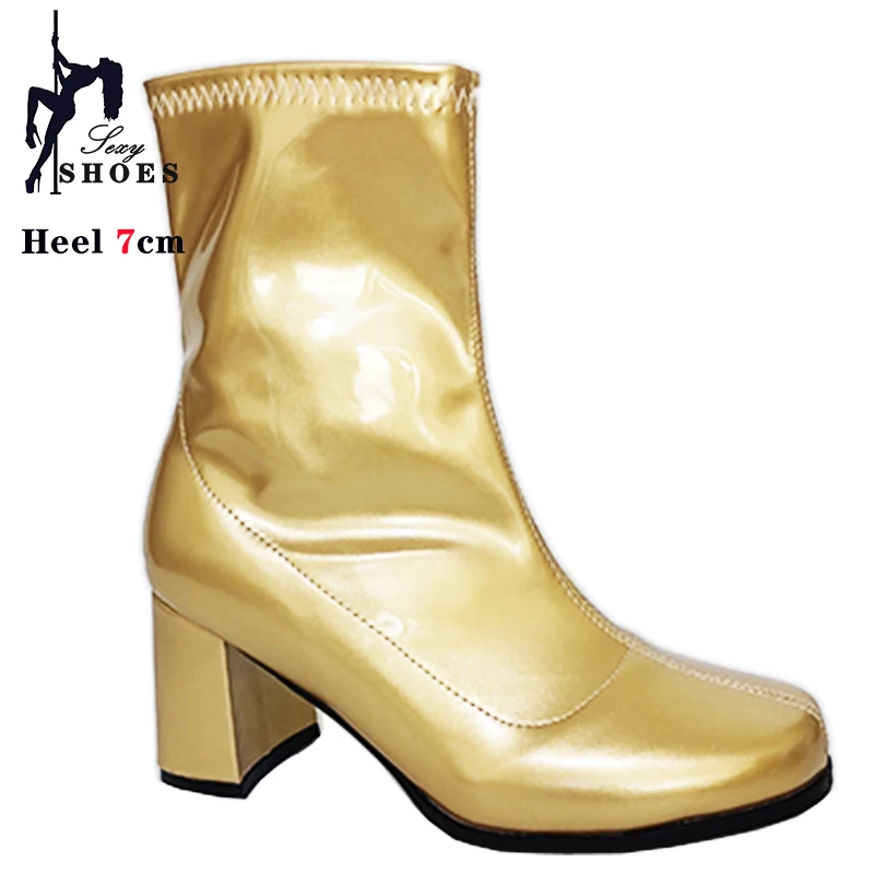 Voesnees Neue 7 cm hochhackige Cross-Dressing-Schuhe Gogo-Stiefel 60er 70er Jahre Stiefeletten mit quadratischem Absatz Sexy runde Zehen-Leder-Reißverschluss-Damen-Kurzstiefel 4
