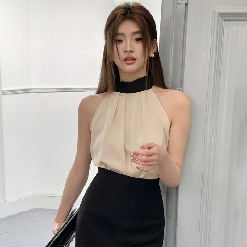 

2024 Summer New French Fashion Sleeveless Hanging Neck Lace Up Dress Women's Off The Shoulder Shirt Tank Top Female Clothing