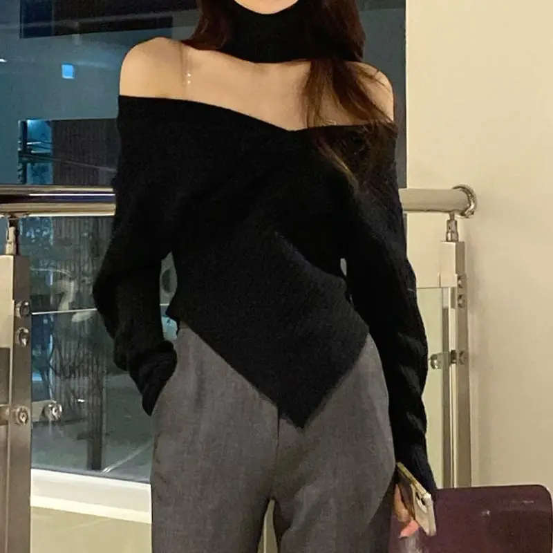 Knitted Sweater Irregular V-Neck Off Shoulder Autumn Solid Criss-Cross Women Long Sleeve Sexy Elegant Party Pullover Tops Female