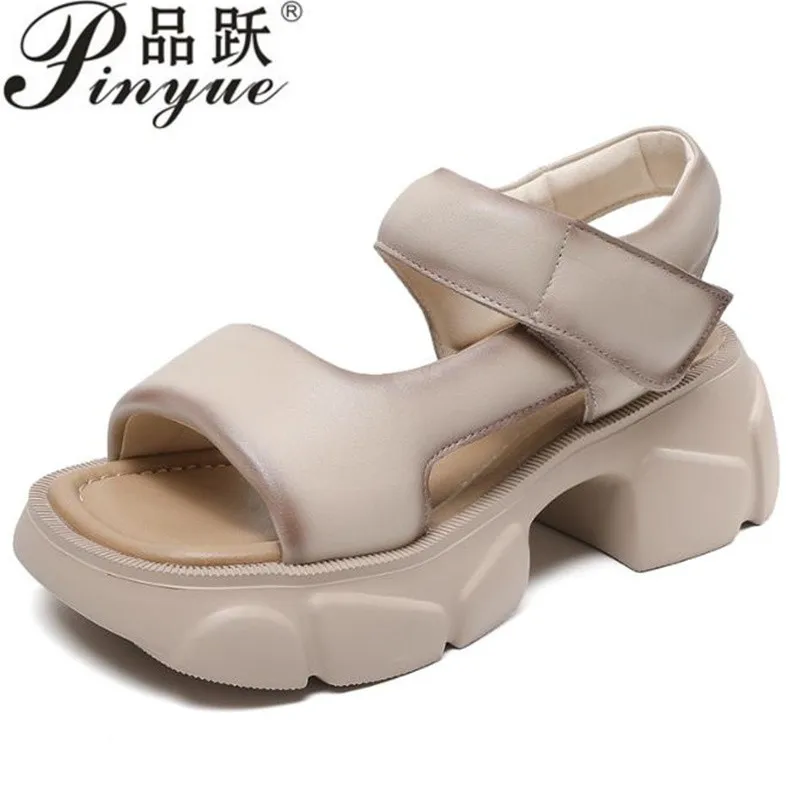 

Женские сандалии ручной работы 5,5 см, летняя обувь, модные повседневные сандалии из натуральной кожи на толстом высоком каблуке и массивной платформе с открытым носком, размеры 35-40