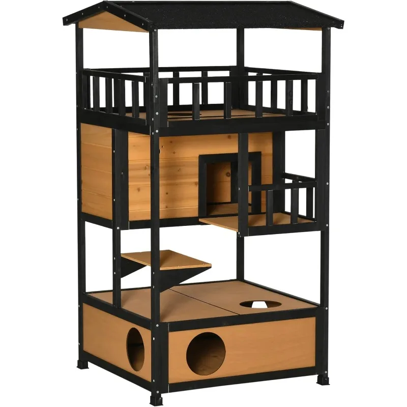 Wooden Outdoor Cat House, Feral Cat Shelter Kitten Condo with Asphalt Roof, Escape Doors, Condo, Jumping Platform