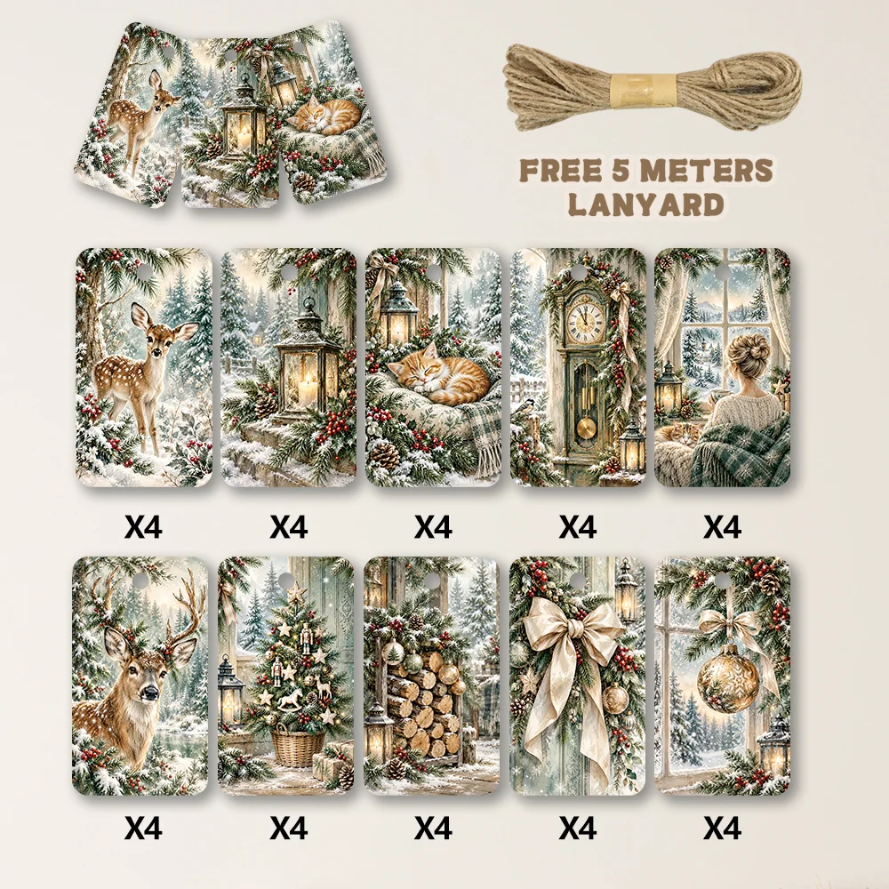40pcs, Gift Tags, Vintage Country Christmas Art, Hanging Paper Labels for Gift Wrapping, Holiday Party Decor with String