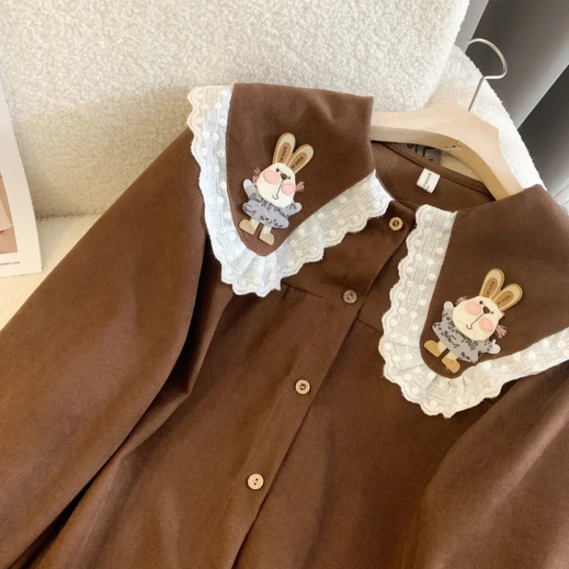 JMPRS 2023 Spring Chic Rabbit Patch Designs Shirts Women Kawaii Peter Pan Collar Shirt Tops Girls Fashion Long Sleeve Blusa New