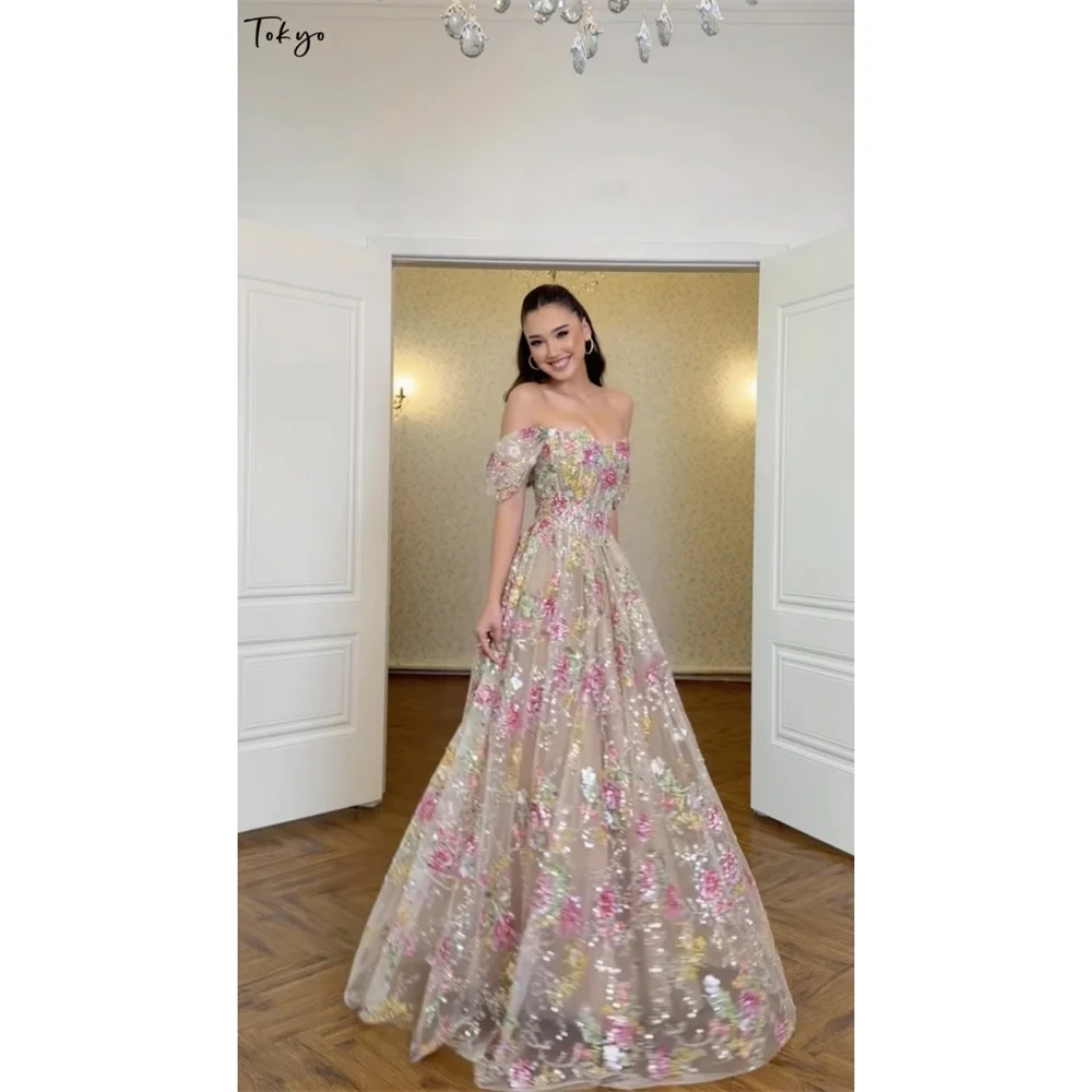 Tokyo Customized Off-the-shoulder puff sleeve Evening dress Prom dress Floral Embroidery Tulle A-line Garden Wedding dress 2026