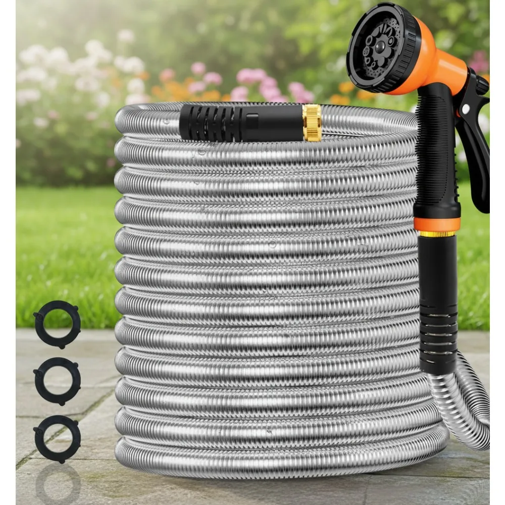 

100FT Stainless Steel Garden Hose with 10-Function Nozzle, Flexible Tangle-Free Heavy Duty Water Hose for Yard Lawn Car Wash
