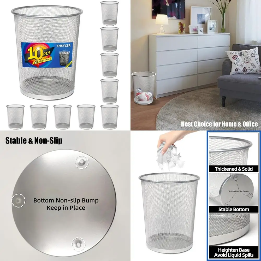 

4 Gallon Silver Mesh Trash Cans, 10 Pack, Metal Wire Wastebaskets, Office and Recycling Use, Durable Silver Cans for Waste Manag