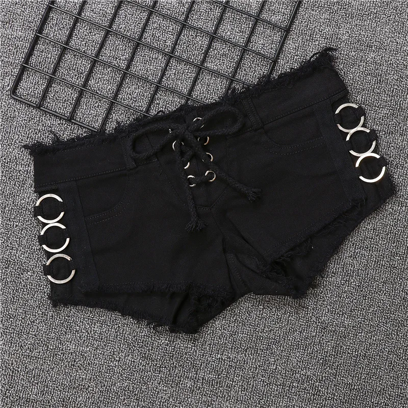 2024 New Summer Sexy Side Hollowed Out Elastic Cotton Micro Mini Denim Shorts Femme Black White