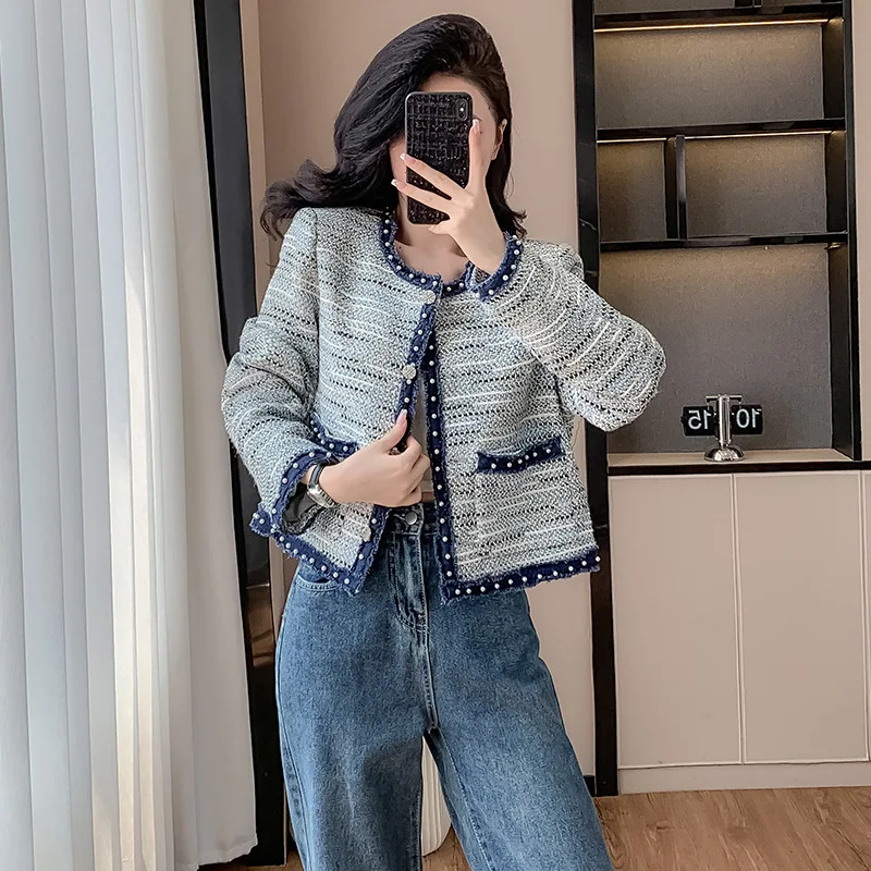 Grey women's coarse tweed round neck jacket 2025 new spring and autumn small fragrance woven belt temperament top