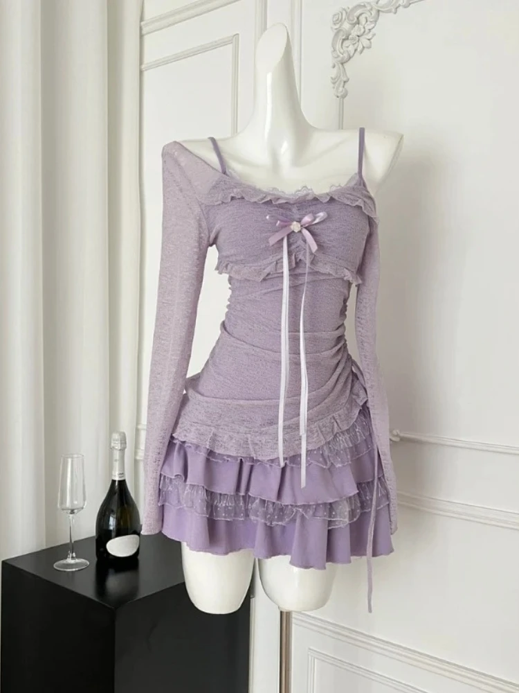 Conjunto de 2 piezas elegante de moda coreana para mujer, Tops de encaje con lazo + vestido elegante ajustado para fiesta de noche, trajes informales dulces, novedad de verano 2025