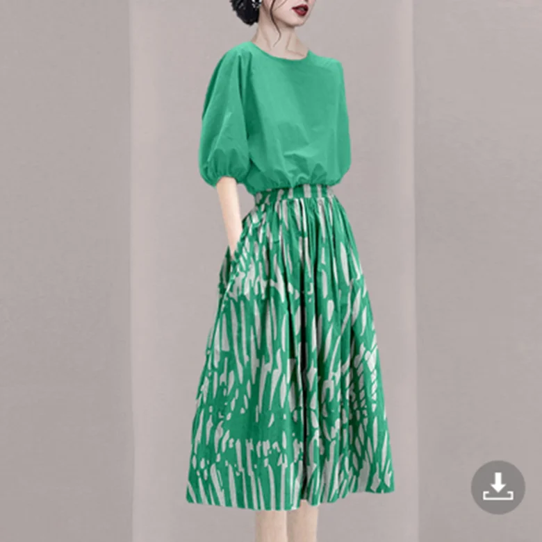 

Faionable Casual een Set Women's ort Sve Top High Waist Midi Skirt Two Piece Suit Ele Summer 2023 Commute Sle