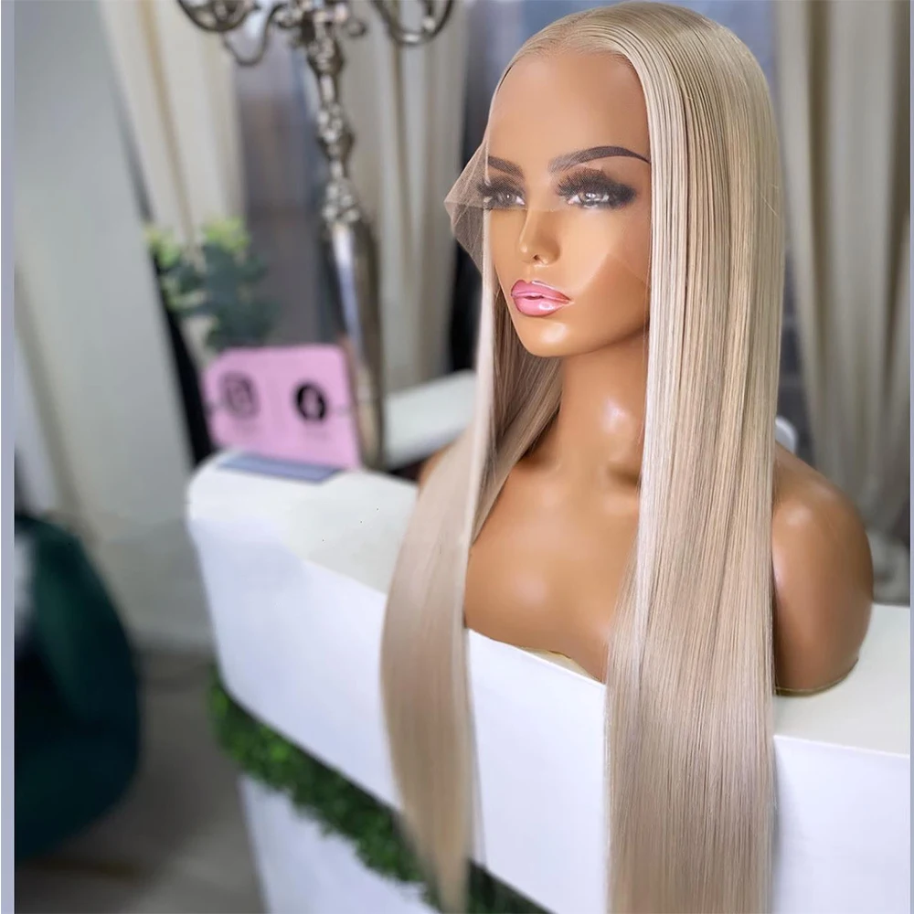 30 Inch Silky Straight Wig Ash Blonde Highlight Wig Human Hair Blended Synthetic Wigs for Women Heat Resistant Fiber Cosply