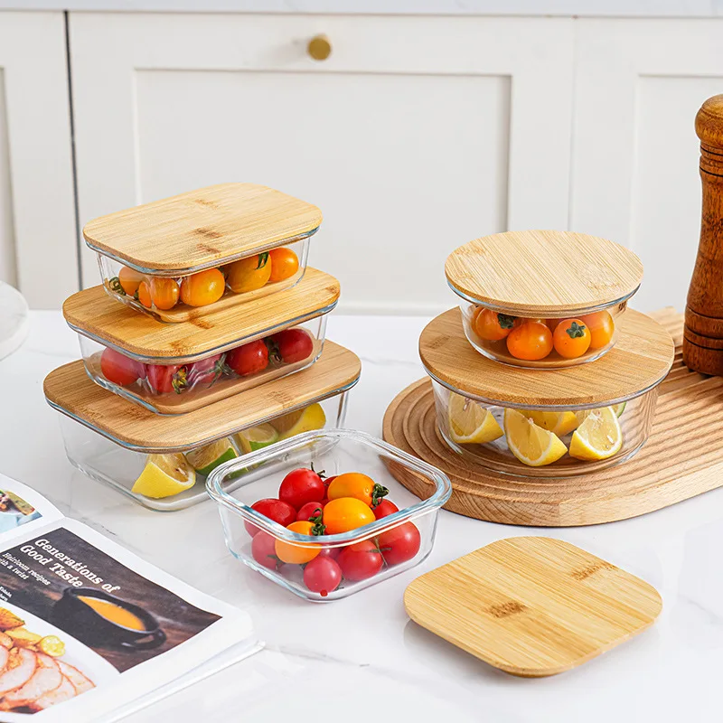 Bamboo Wooden Lid Glass Crisper Box Set Lunch Box High Temperature Resistant Microwave Bowl Food Grade  Food Storage Containers