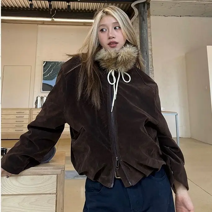HANYAYA 2026 Winter New Fleece-Lined Padded Faux Fur Collar Two-Way Wear Moto Jacket Women Loose Lazy Wasteland Short Coat