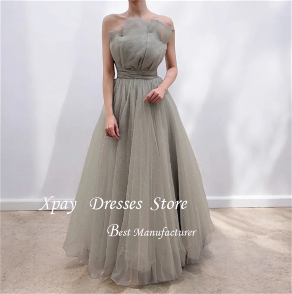XPAY Brillante volant senza spalline Corea A-Line Abiti da festa Servizio fotografico Cintura Elegante lunghezza pavimento Abiti da sera personalizzati