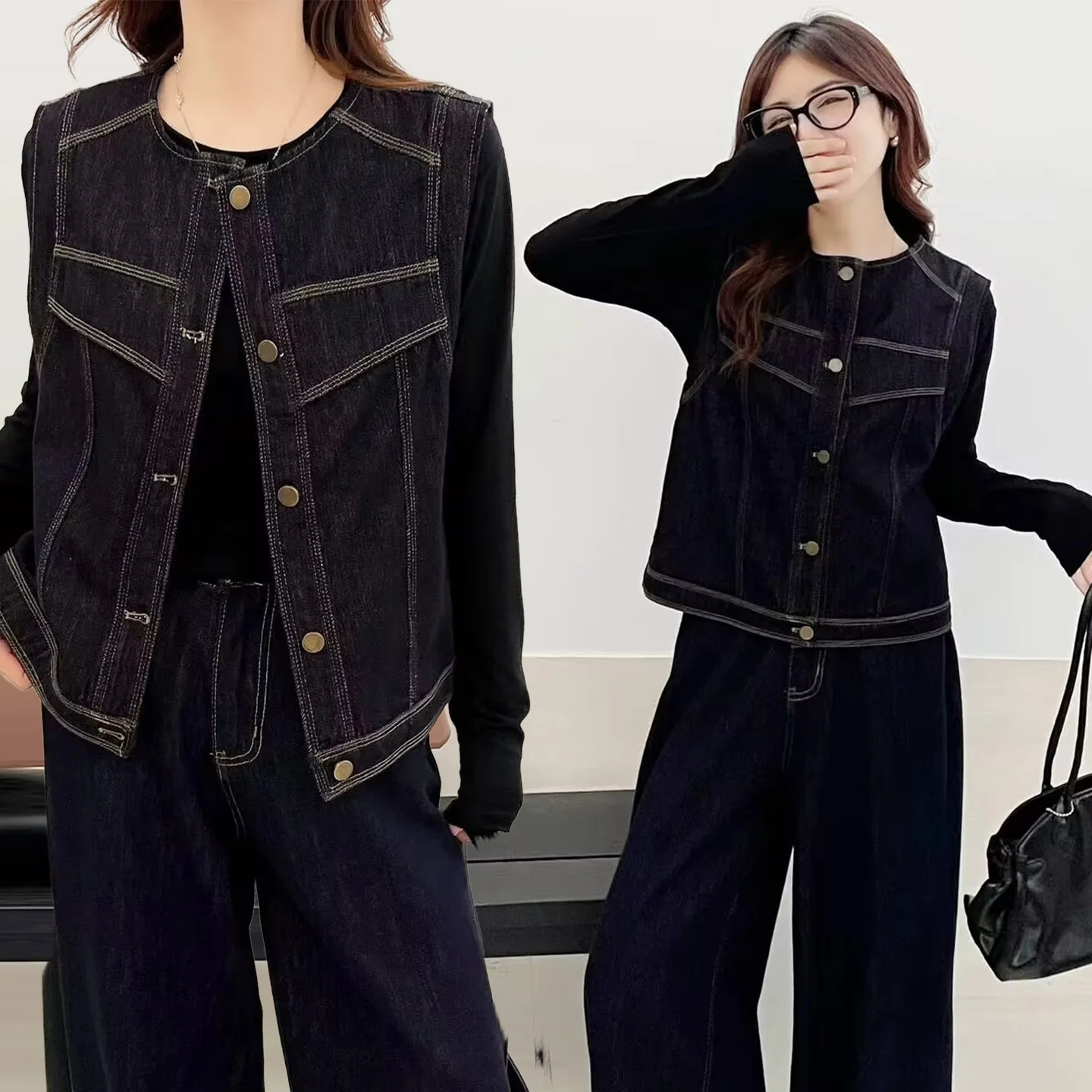 

Ретро-стиль, повседневный джинсовый жилет с круглым вырезом, короткая верхняя одежда, женская модная модель на одной пуговице, весна 2025, новинка