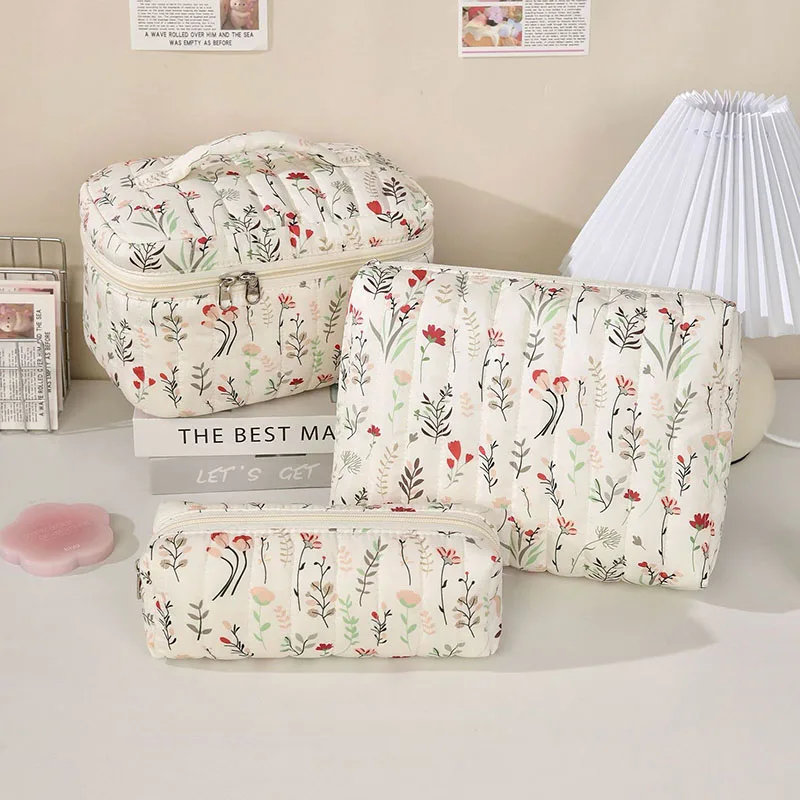 Large Capacity Floral Print Cosmetic Bag with Handle Portable Travel Makeup Organizer Toiletry Bag for Women