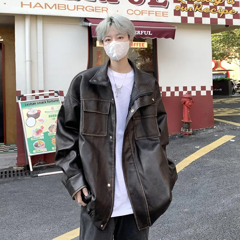 

Brown Leather Jaet Men's Trendy Brand Cleanfit Motorcycle Sle Faded Color Outerwear Autumn Spring Loose Fit PU Leather