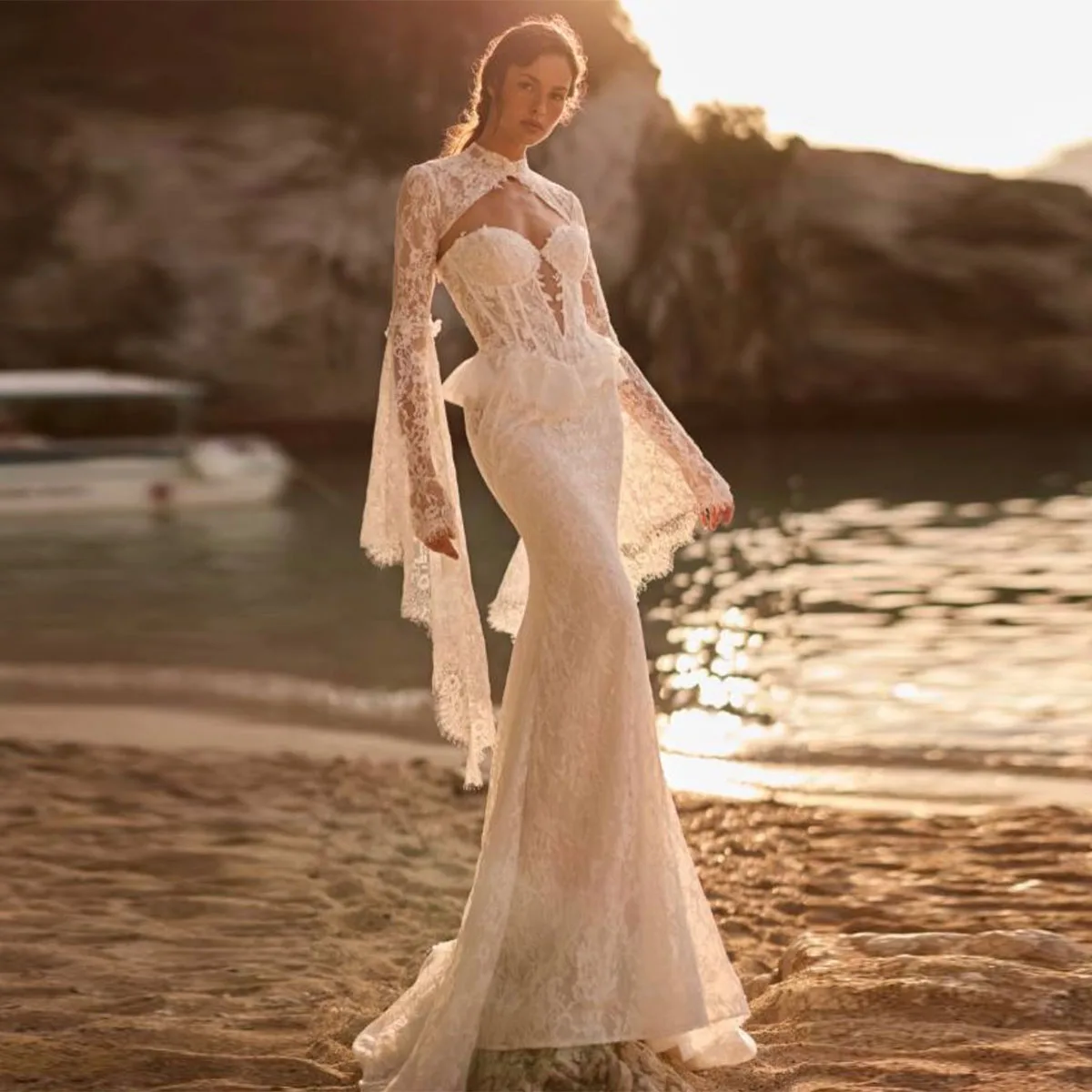 Customised Lace V Neck Applique Mermaid Wedding Dress For Girls Open Back Vestido de novia Floor-Length Bridal Dress