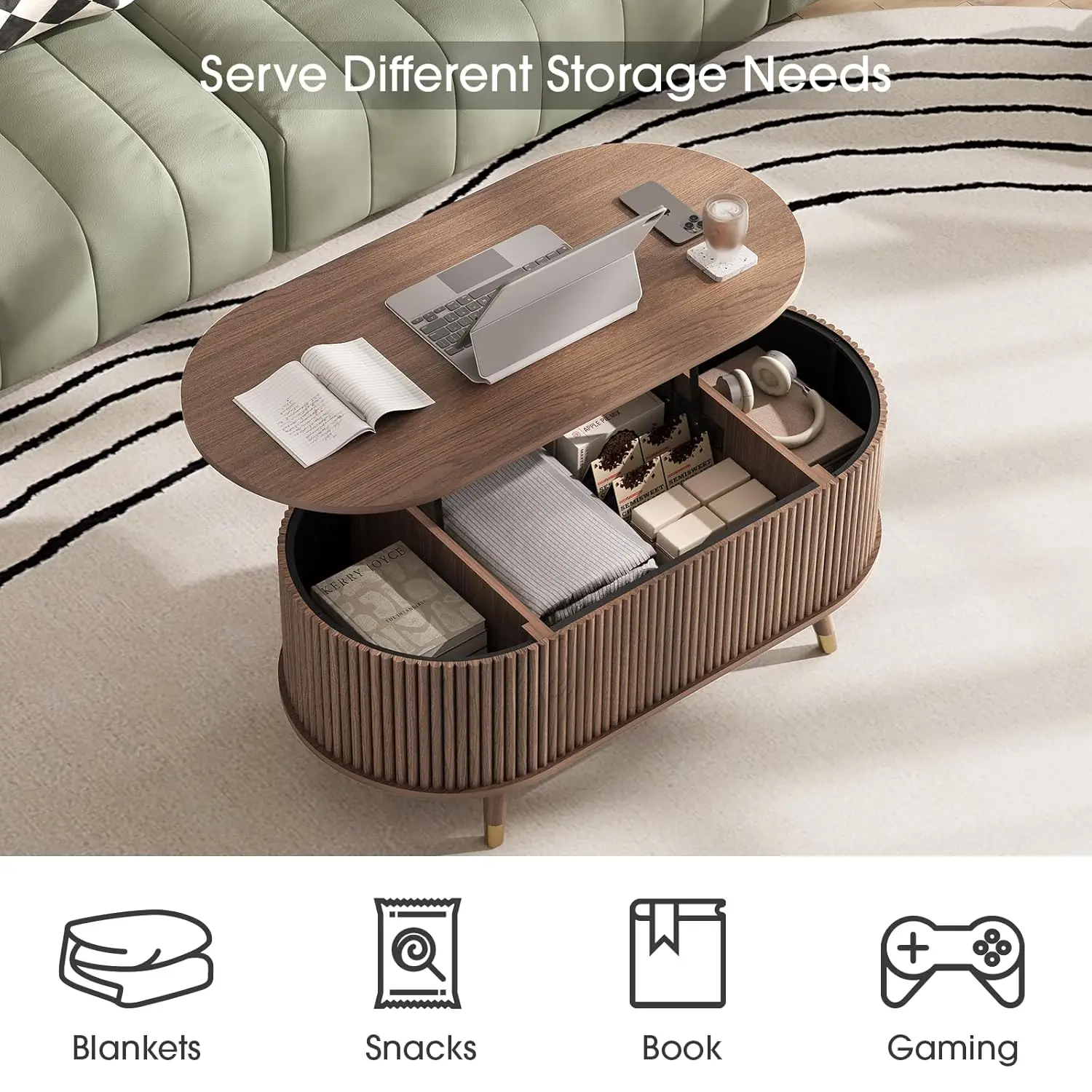 Tavolino da caffè ovale con piano sollevabile, tavolo centrale scanalato da 42,5 pollici con scomparto nascosto e gambe in legno massello, tavolino da caffè con accento moderno