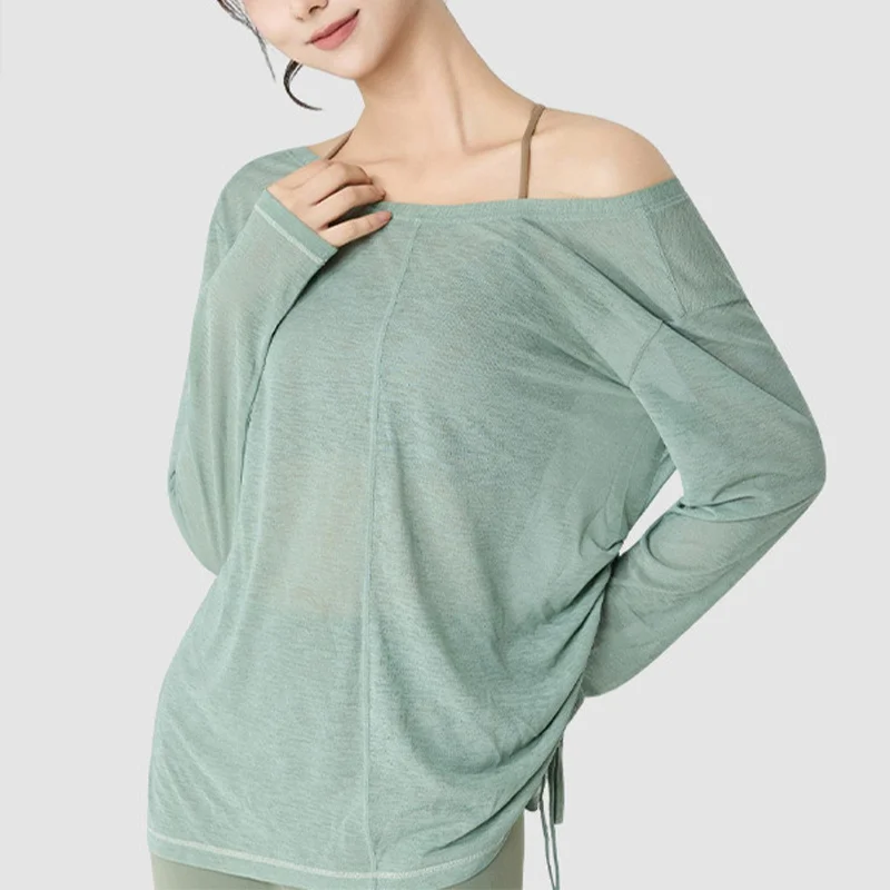 PofyBofy Deep V Back Loose Yoga Long Sleeve Yoga Cover Up Drawstring Lounge Pilates Shirts Soft Loose Fit Exercise Off Shoulder