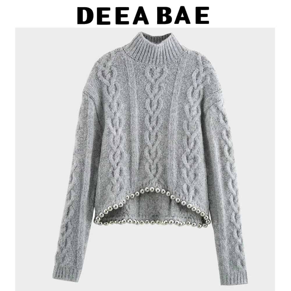 DEEABAE Women's Clothing Sales Ball Decoration Eight-strand Braided Comfortable Long-sleeved Stand-up Collar Knitted Pullovers