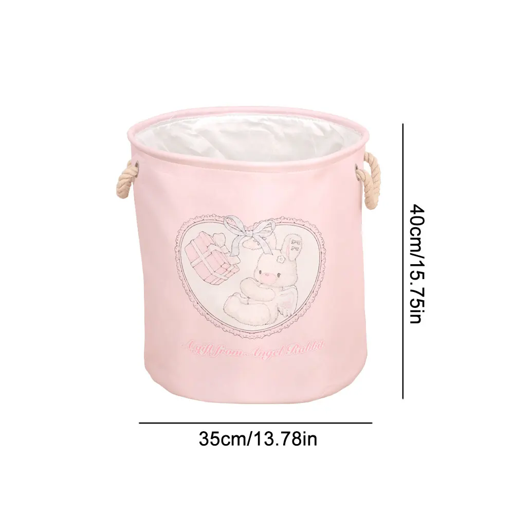 ﻿Collapsible Pink Laundry Basket for Baby Girls Round Cartoon Bear Rabbit Nursery Hamper Toys Storage Basket For Bedroom Décor