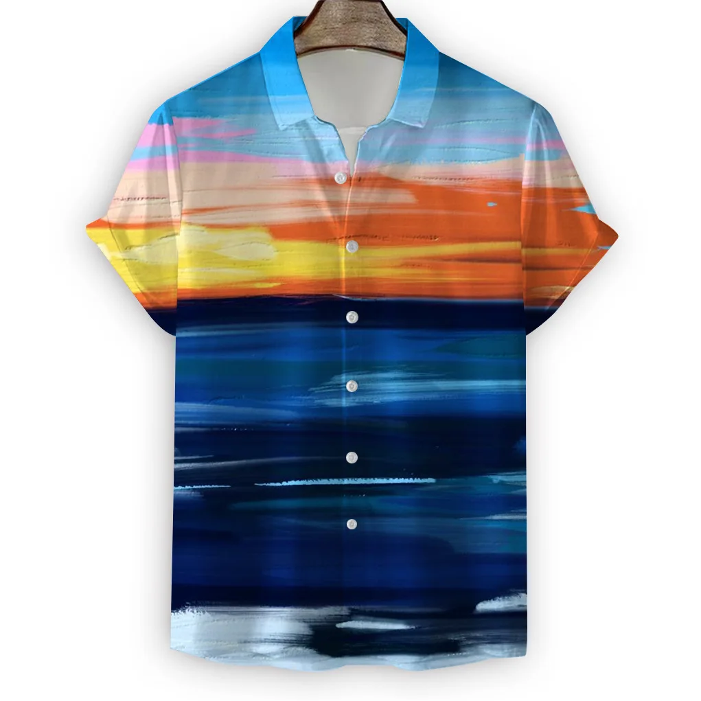 

2024 new European and American men's summer scenery loose casual short-sleeved shirt Hawaii beach men's shirt