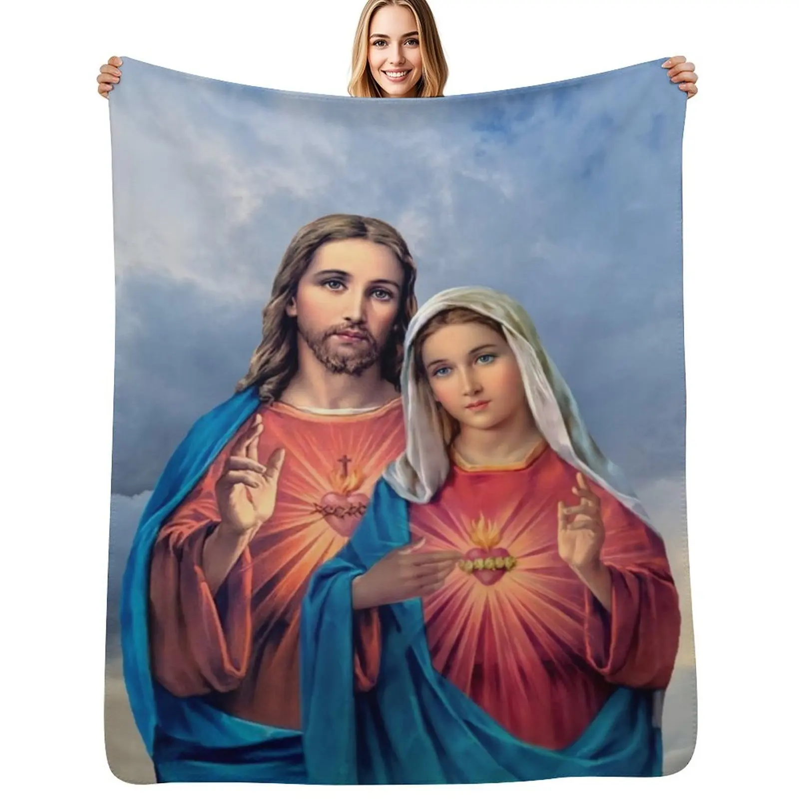 

Twin Hearts very close together - I (Jesus and Mary) sky background Throw Blanket Quilt Flannel Fabric Luxury Brand Blankets