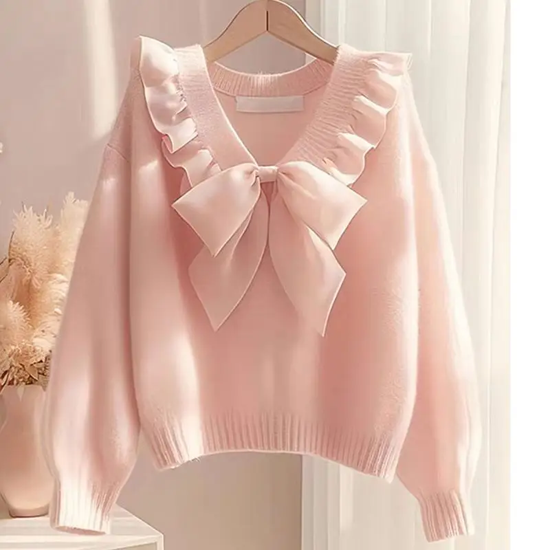 

2026 New Arrival Korean Bow Knit Sweater Women Cute Long Sleeve Pullover Top Fall Winter Cozy Chic Casual Loose Warm Knitwear