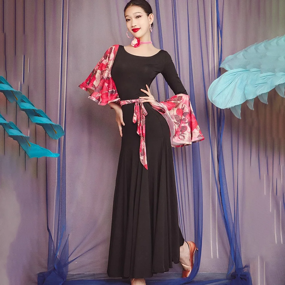 2023 moderne Floral Lotus Hülse Patchwork Weiblichen Latin Dance Kleid Frauen Ballroom Dance Samba Rumba Bühne Leistung Dancewear